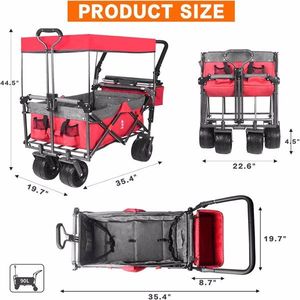 Collapsible Camping Wagon Cart with Removable Canopy Large All Terrain Brake Wheels Adjustable Handles Grey Red Cooler Bag - Product Image 2