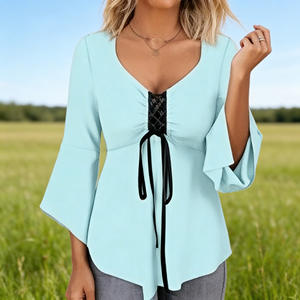 Oferta Especial: Blusas Formales de Encaje con Cuello en V y Mangas Acampanadas para Mujer, con Dobladillo Asimétrico, Ecológicas, para Uso Diario en Otoño/Primavera - Product Image 1