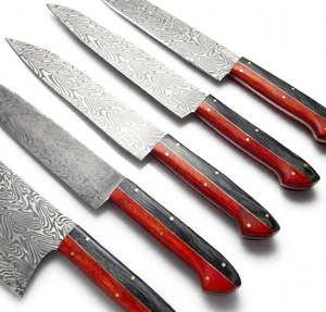 Ensemble d'outils de cuisine en acier damas, fabriqué à la main, 5 pièces, avec manche en bois rouge et noir. - Product Image 6