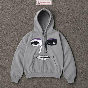 Sudadera con capucha y cremallera completa personalizada con arte gris, estilo urbano oversize, gráfico, unisex, informal, a la moda - Product Image 5
