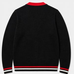 Cardigan en tricot contrasté noir et rouge, acrylique crimson 913, cardigan universitaire, cardigan Varsity noir à col en V DST - Product Image 2