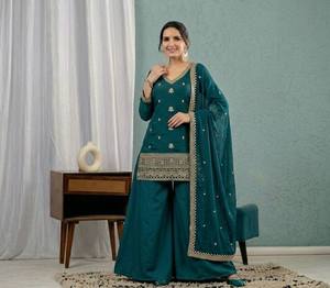 Conjunto de Traje Largo de Dos Piezas para Mujer, Elegante, Satinado, Bordado, Cuello en V, Manga Larga, Corte Holgado, Color Verde Azulado, para Todas las Temporadas - Product Image 4