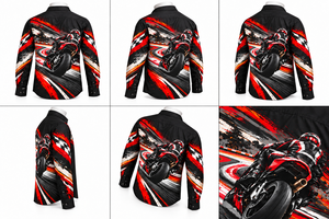 <b>Black</b> Long Sleeve Button-Up Shirt Motorcycle Racing Graphic Print Red <b>White</b> Abstract <b>Stripes</b> 100% Cotton Breathable Casual Men - Product Image 4
