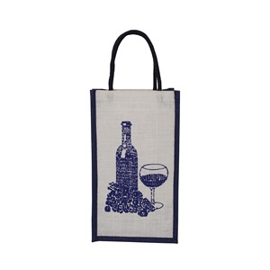 Sac d'emballage pour bouteille de vin en coton blanc et bleu avec poignée en corde, compartiment intérieur pour bouteille, motif lettre en jute laminé PP - Product Image 1