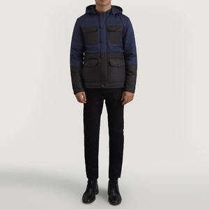 Veste matelassée multi-poches à blocs de couleur bleu foncé et gris, imperméable et coupe-vent, avec capuche, pour l'hiver, vente en gros, OEM - Product Image 3