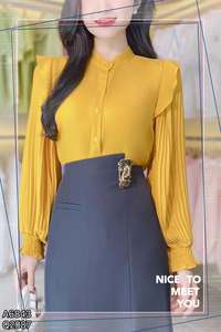 Camisa de manga larga para mujer, estilo formal, de alta calidad, con mangas raglán y detalles de volantes plisados, top informal de color liso para oficina. - Product Image 5