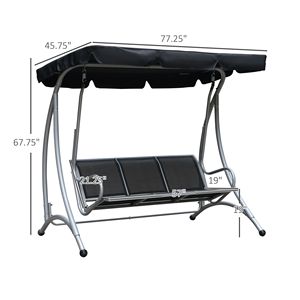 Banc balançoire d'extérieur noir pour 3 personnes avec support et auvent réglable pour jardin ou terrasse au bord de la piscine - Product Image 3