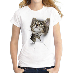 T-shirt pour femme de haute qualité, vente en gros, motif chat mignon, impression 3D personnalisée, tee-shirt d'été, style urbain - Product Image 4