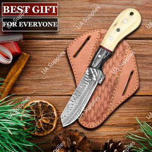 Couteau de chasse et de cowboy occidental en acier Damas à lame droite, manche en os de chameau et bois, motif échelle, pour le camping, OEM, faibles MOQ - Product Image 2