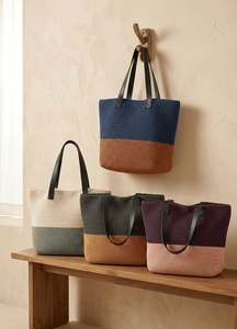 Sac fourre-tout au crochet bicolore beige-vert, ouvert, avec poignées en cuir noir, style minimaliste, toutes saisons, pour femme, en coton, pour le quotidien et les voyages - Product Image 2