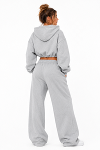 New Elastic Hem Oversized Hooded <b>Cropped</b> <b>Zip</b>-<b>Up</b> Sweatshirt Custom Tracksuit Matching Wide-Leg Sweatpants Set <b>Cropped</b> Winter Wear - Product Image 2