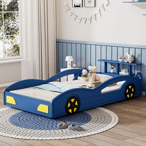 Letto a piattaforma per bambini a forma di auto da corsa blu e giallo in legno, con ruote, per ragazzi - Product Image 6