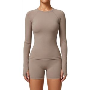 Haut de yoga ajusté à manches longues pour femme, rose et gris, avec blocs de couleur, col ras du cou, pour l'entraînement et comme couche d'habillement de sport - Product Image 5