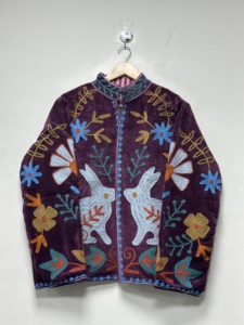 Boho <b>Velvet</b> Hand Embroidered Suzani Floral Pattern O-Neck Full Sleeve Autumn Unisex Multi-function Reversible <b>Jacket</b> - Product Image 1