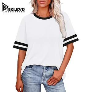 Women Oversized T-Shirt, Casual Varsity Stripe High Quality Short Sleeve Tee, Drop Shoulder Sporty Crewneck Top, Wholesale Shirt - Product Image 4