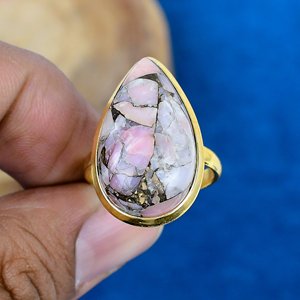 Handmade Pink Copper Opal Pear Shape Gemstone 18K Gold Micron Over 925 Sterling <b>Silver</b> <b>Ring</b> - Product Image 2