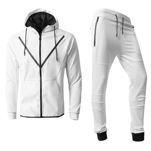 Men's <b>White</b> Hooded Tracksuit Set Full Sleeve Sporty <b>Joggers</b> With Side Pockets Breathable Polyester Autumn Wear - Product Image 1