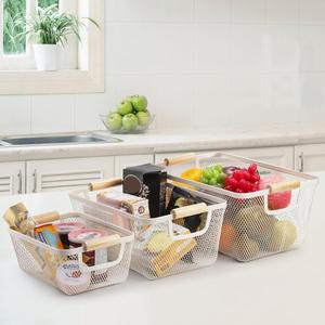 3 Pcs White Wire <b>Mesh</b> <b>Storage</b> <b>Basket</b> Set with Wooden Handles | Pantry Kitchen Closet Organizer Bin Container - Product Image 3