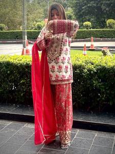 Traditional <b>Indian</b> Pakistani Women's Cotton Salwar Suit White <b>Kurta</b> Red Palazzo Pants Loose Fit Ankle-Length Wedding Wear - Product Image 2