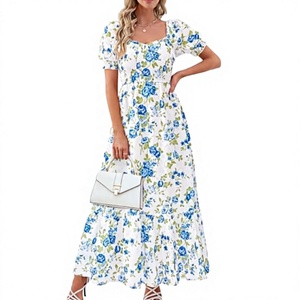 Nouvelle Robe Longue Élégante à Col Carré et Taille Haute, Manches Courtes, Imprimé Floral, pour Femme, Idéale pour Soirées, Tenues Décontractées et Quotidiennes, Personnalisable OEM/ODM - Product Image 1