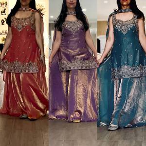 Women's 3-Piece Silk Embroidered Sequins Zari Work Wrinkle-Free Quick-Dry Modern Ready Wear <b>Kurta</b> Palazzo Set Dupatta <b>Indian</b> - Product Image 4