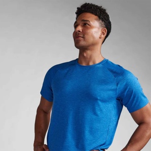 Men's Blue O-Neck Short Sleeve T-<b>Shirt</b> <b>100</b>% <b>Polyester</b> Jersey Regular Fit Solid Color Casual Style Breathable Knitted Fabric - Product Image 3