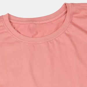 Camiseta de algodón rosa para mujer, cuello redondo, manga corta, a cuadros, informal, corte regular, tela jersey transpirable, con cremallera, botones y diamantes - Product Image 5