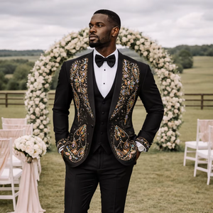 Men’s Black Embroidered Rhinestone Tuxedo Suit Jacket – Designer Wedding & Party <b>Blazer</b> with Shawl Lapel - Product Image 1