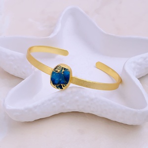 Blue Apatite Mohave Stone Geometric Trendy Oval Open Cuff Bracelet <b>Gold</b> <b>Plated</b> Adjustable Statement Cuff <b>Bangle</b> Unisex Fashion - Product Image 1