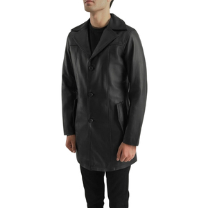 Abrigo de Cuero Genuino para Hombre, Estilo Gabardina Cruzada con Cinturón, Solapa con Muescas, Largo hasta la Rodilla - Product Image 3