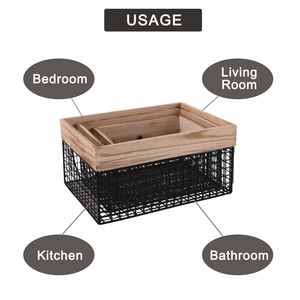 Set di 3 Cestini Portaoggetti in Filo Metallico con Coperchio in Legno e Manici Integrati, Organizer per Cucina, Lavanderia, Cameretta - Product Image 3