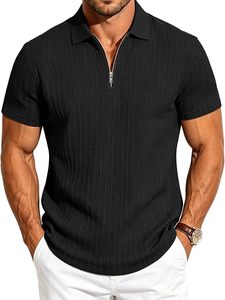 Chemises polo à col zippé pour hommes, décontractées, en maille texturée, à manches courtes, pour l'été, la plage, les vacances, extensibles, pour le golf - Product Image 4