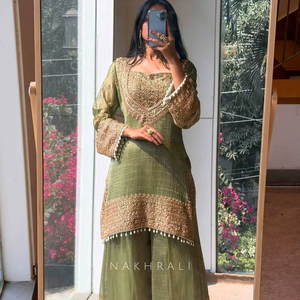Luxury Fendy Heavy Natural Crep <b>Silk</b> Indian Traditional Ethnic <b>Kurta</b> / Kurti Women's Fully Stitched Embroidery Sequence Top - Product Image 2