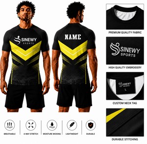 Sinewy Sports Men's Short Sleeve Rash Guard Black Yellow Sublimation Print Quick Dry Polyester Shirt <b>for</b> Adults - Product Image 1
