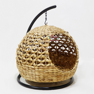 New Design Water Hyacinth Hanging <b>Cat</b> Swing Bed Round Egg Chair with Metal Stand Cushion - Product Image 5