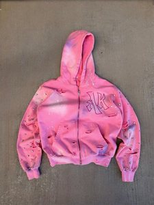 Custom Streetwear <b>Pink</b> <b>Tie</b>-Dye Zip-Up Hoodie Oversized Rhinestone Style Front Logo Unisex Autumn Wear - Product Image 1