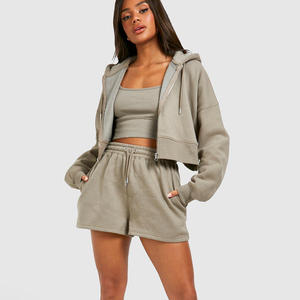 Ensemble de survêtement à capuche pour femmes, couleur unie, manches longues, short décontracté, vêtements de printemps avec poches latérales, fermeture à cordon - Product Image 1