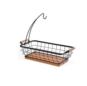 Corbeille à fruits rectangulaire avec support pour bananes, bol à fruits en fil métallique avec base en bois, organisateur de table de cuisine, bol à fruits noir - Product Image 1