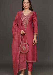 Ensemble Salwar Kameez brodé en mélange de rayonne avec sac Potli, 3 pièces, tenue ethnique pour inventaire de boutique, pêche, violet, gris - Product Image 3