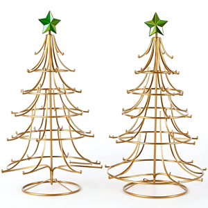Juego de 2 Árboles de Navidad de Alambre Metálico Dorado, Decoración Festiva Moderna para Mesa con Adornos de Estrella Verde, Iluminación LED - Product Image 6