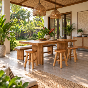 Repose-pieds rond artisanal Javana en teck massif, style rustique moderne, idéal pour cafés, restaurants, hôtels et salons - Product Image 4