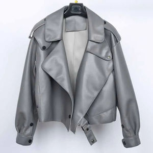Genuine <b>Leather</b> <b>Blazer</b> With Turn-down Collar Full Sleeve Autumn Women's Casual Outerwear Wholesale Price Women <b>Leather</b> - Product Image 2