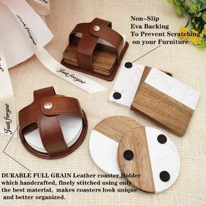 Wood Marble Coasters with Leather Holder White Stone with Gold Initials for Home Office - Product Image 2