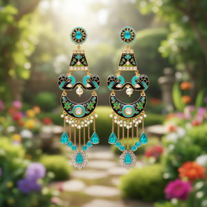 Kundan Style Black Enameled Designer Long Chandelier Earrings with Turquoise and Zircon - Product Image 3