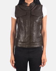 Chaleco de moto para mujer, ligero, con relleno de poliéster, de cuero PU marrón, con cuello mandarín y bolsillos, sin mangas, longitud regular, 220g - Product Image 1