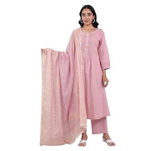 <b>Linen</b> Cotton Pink A-line Solid Summer Woven Knee-Length Festival Wear Kurta Set with Dupatta for Women - Product Image 1