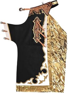 Men Western <b>Chaps</b> Full Leather Fringe Apron with Gold Buckles and Brown Stitching - Product Image 4