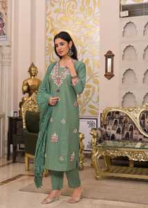 Ensemble Salwar en coton vert longueur cheville avec broderie et dupatta, tenue ethnique traditionnelle pour femmes, Inde, Pakistan, décontracté - Product Image 3