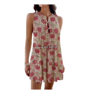Nouveautés 2026 Robe d'été en coton Robe courte sans manches Robe courte à imprimé bloc Tops pour le bureau et les tenues quotidiennes pour femmes - Product Image 4