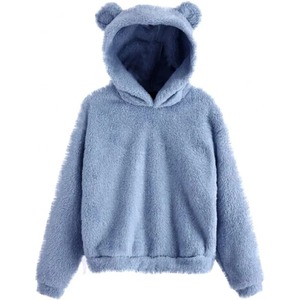 Women's Faux <b>Fur</b> <b>Hoodie</b> With Bear Ears Solid Color Long Sleeve Pullover Winter Warm Hooded Sweatshirt - Product Image 4